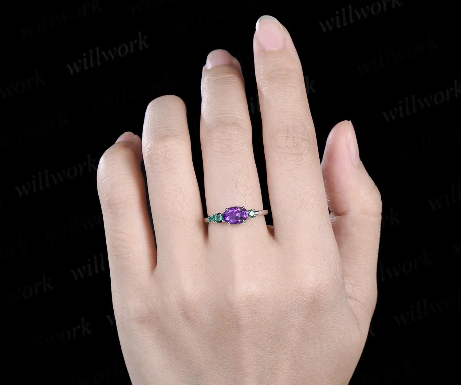 Oval amethyst emerald engagement ring 14k white gold east to west unique promise wedding ring women dainty four stone ring silver sold by Willwork Jewelry product image thumbnail 2