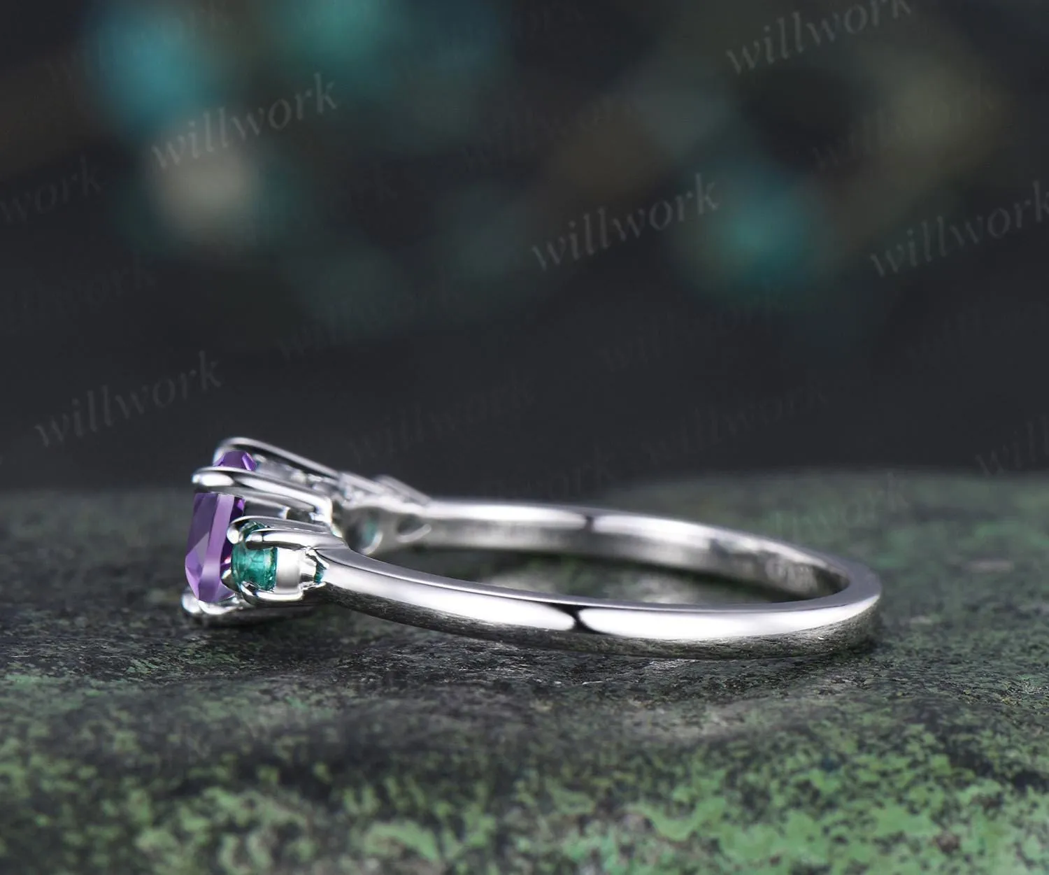 Oval amethyst emerald engagement ring 14k white gold east to west unique promise wedding ring women dainty four stone ring silver sold by Willwork Jewelry product image thumbnail 4
