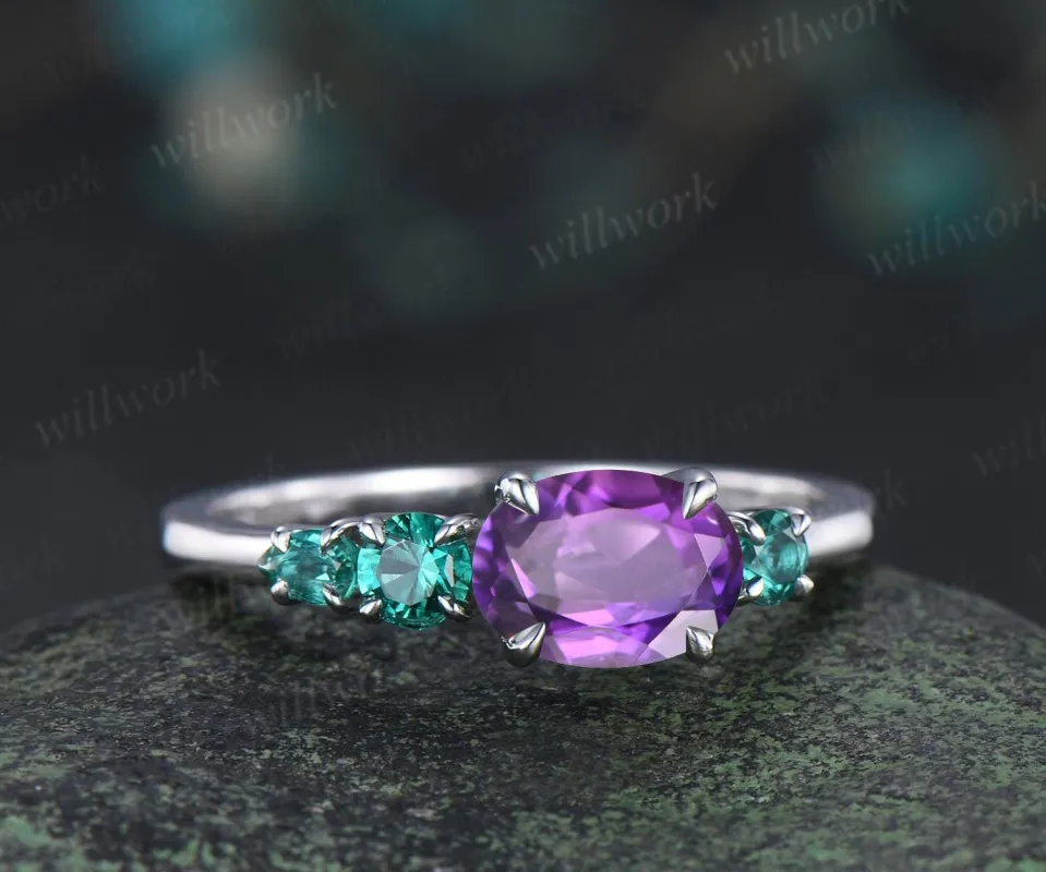 Oval amethyst emerald engagement ring 14k white gold east to west unique promise wedding ring women dainty four stone ring silver made by Willwork Jewelry