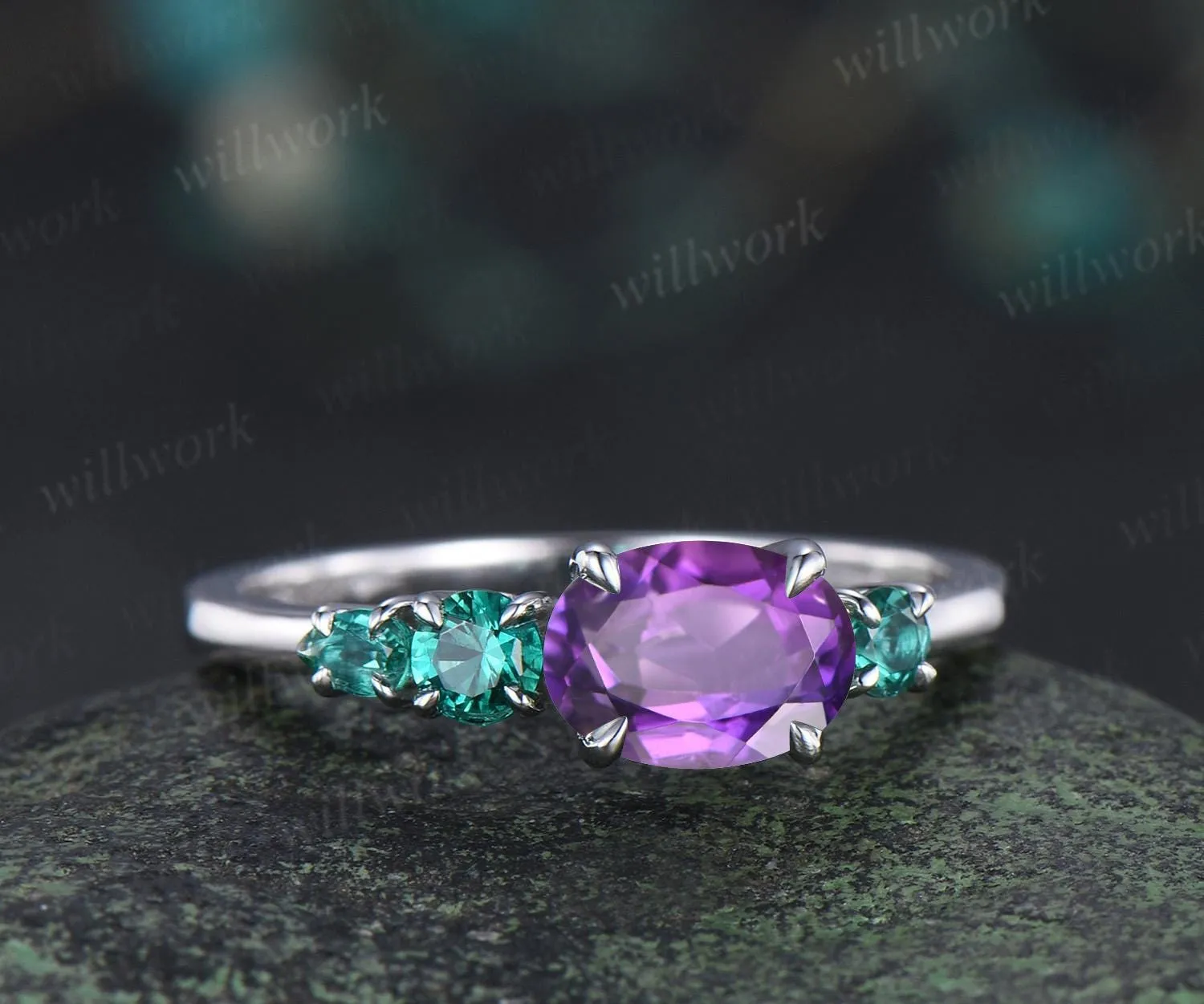 Oval amethyst emerald engagement ring 14k white gold east to west unique promise wedding ring women dainty four stone ring silver sold by Willwork Jewelry