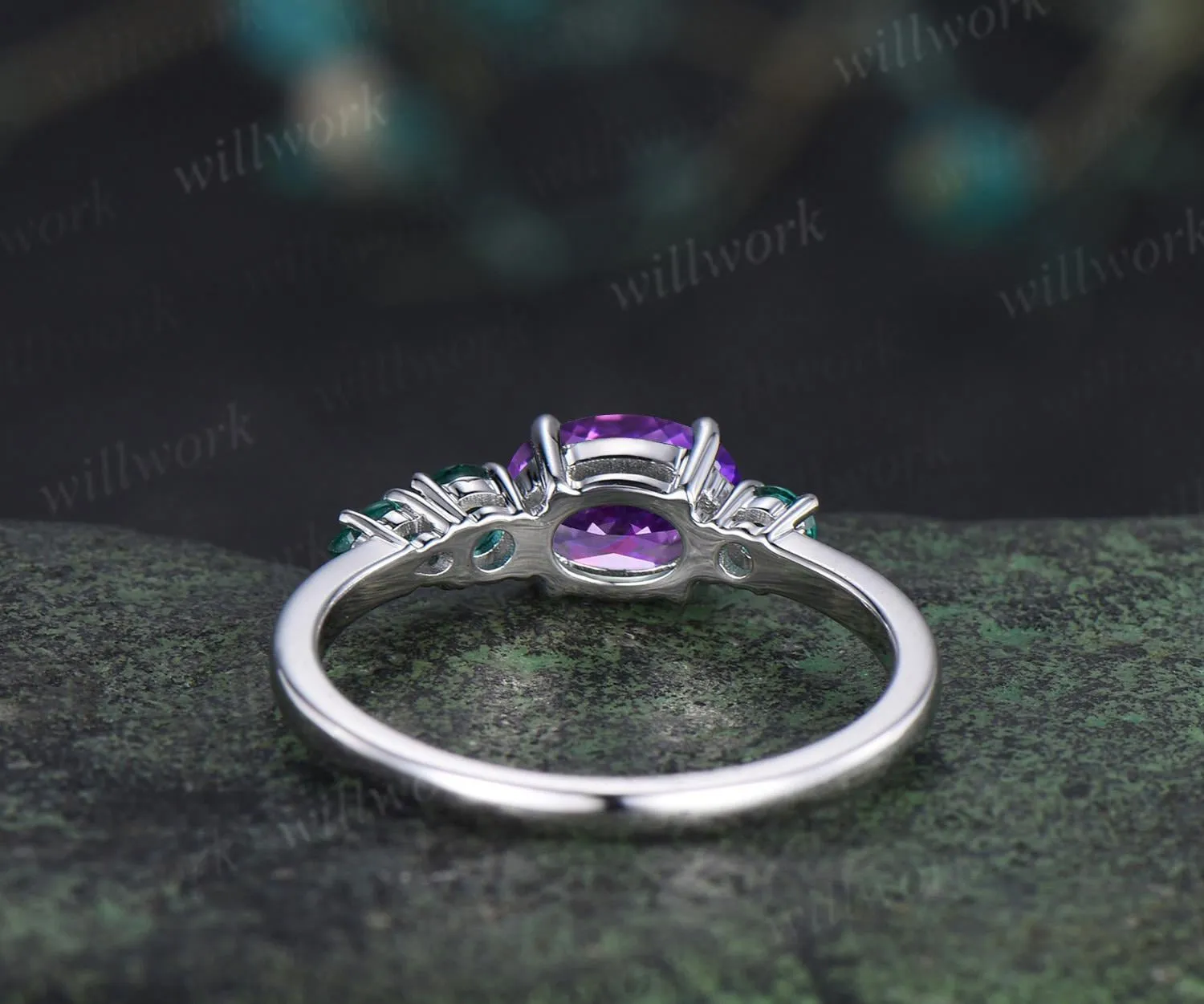 Oval amethyst emerald engagement ring 14k white gold east to west unique promise wedding ring women dainty four stone ring silver sold by Willwork Jewelry product image thumbnail 5