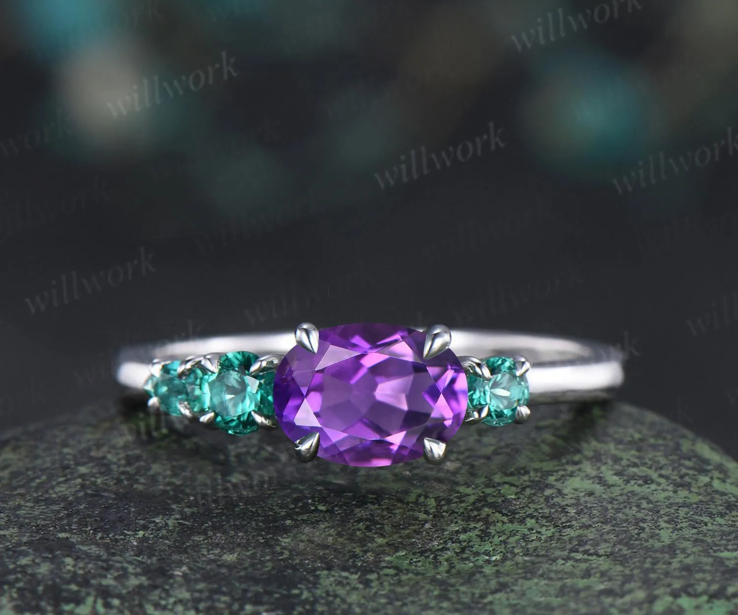 Oval amethyst emerald engagement ring 14k white gold east to west unique promise wedding ring women dainty four stone ring silver sold by Willwork Jewelry product image thumbnail 3