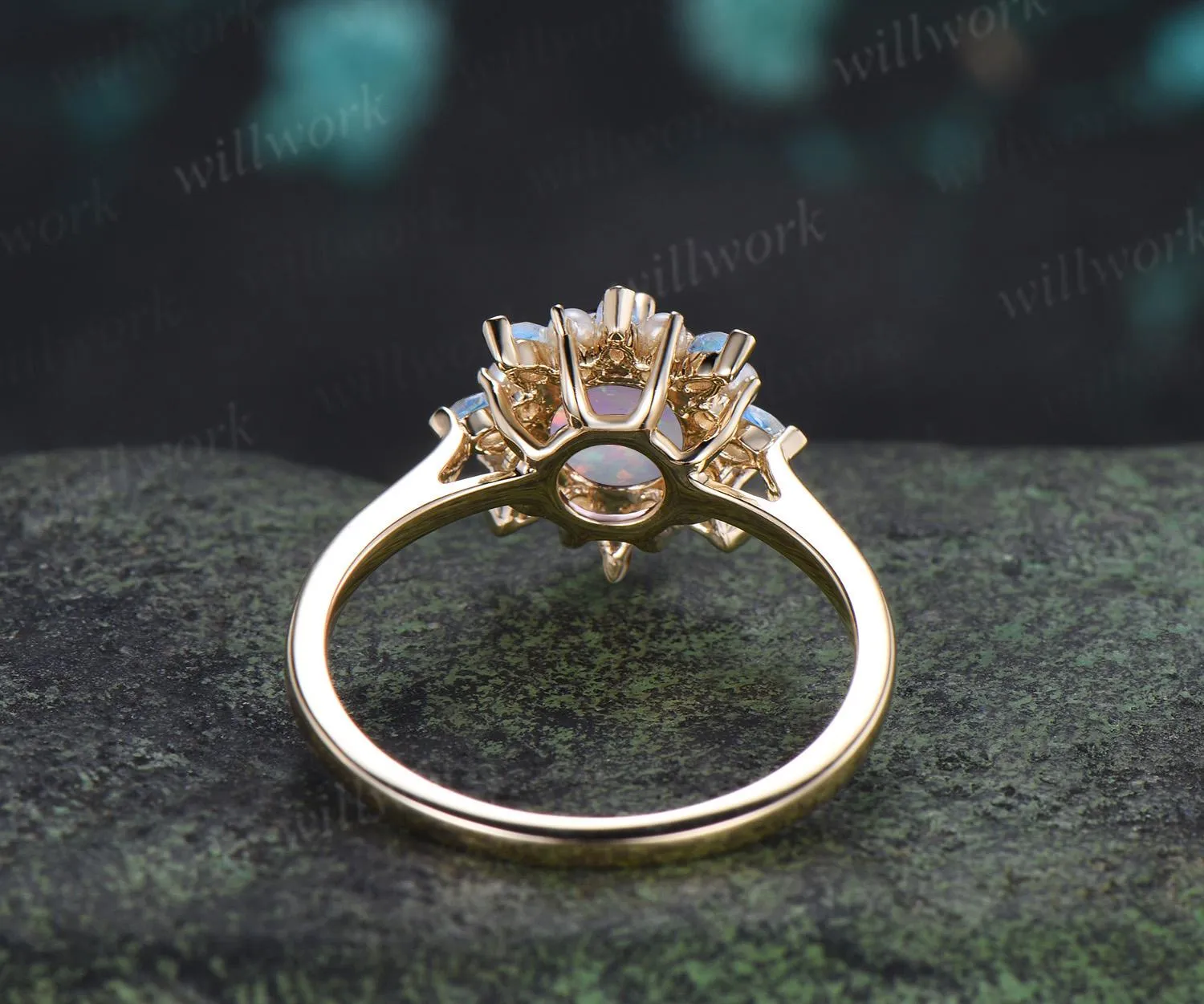 Round white opal engagement ring 14k yellow gold halo pearl marquise moonstone ring vintage floral wedding ring women jewelry sold by Willwork Jewelry product image thumbnail 4