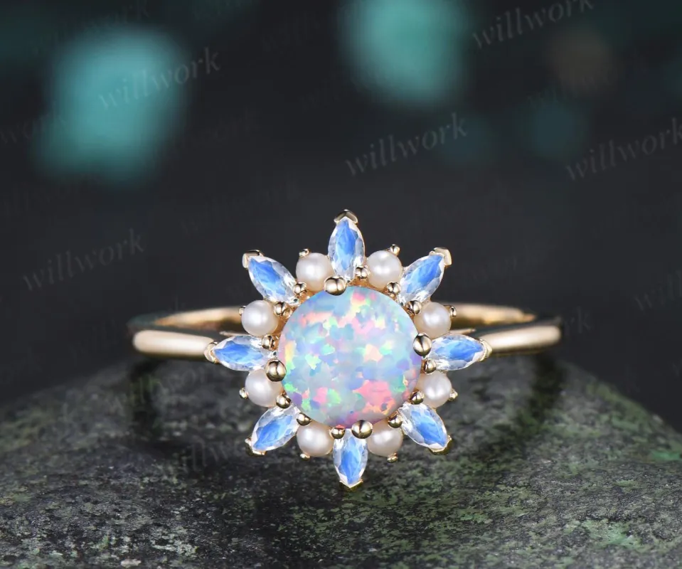 Round white opal engagement ring 14k yellow gold halo pearl marquise moonstone ring vintage floral wedding ring women jewelry made by Willwork Jewelry