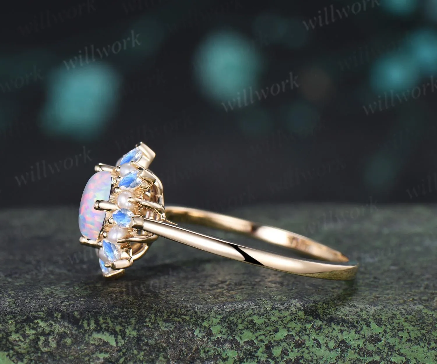 Round white opal engagement ring 14k yellow gold halo pearl marquise moonstone ring vintage floral wedding ring women jewelry sold by Willwork Jewelry product image thumbnail 5