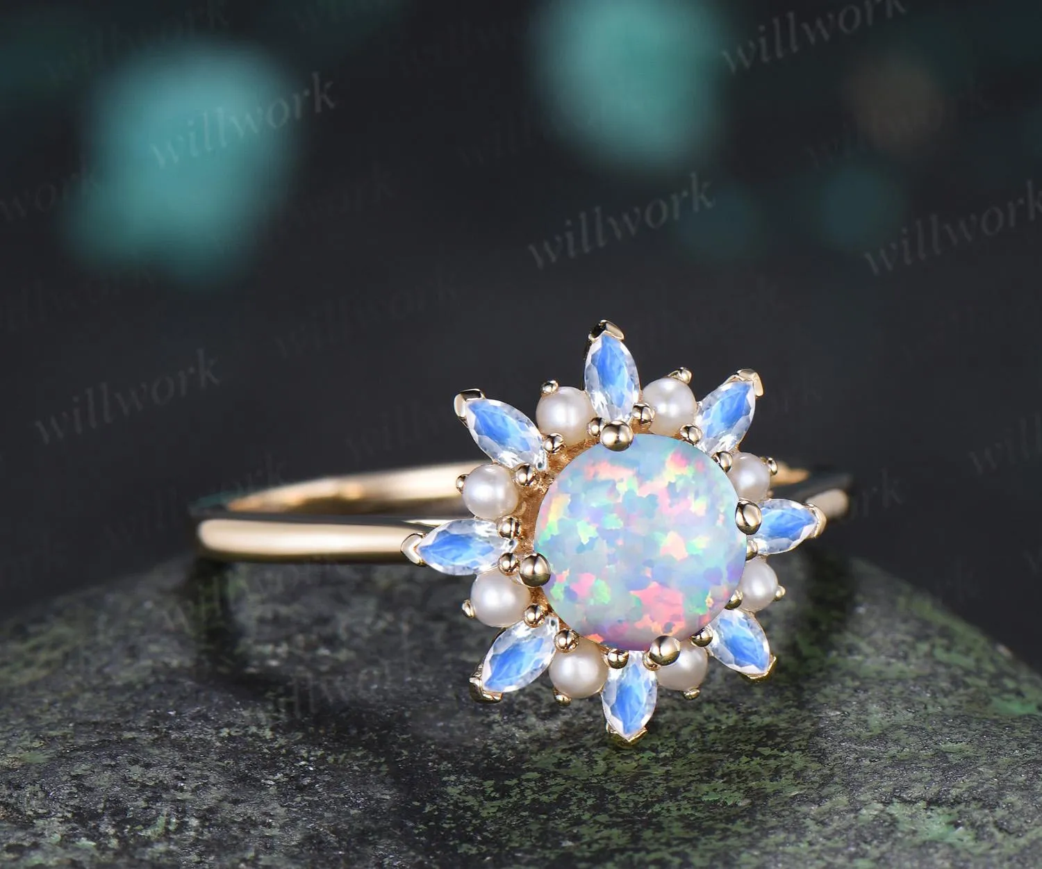 Round white opal engagement ring 14k yellow gold halo pearl marquise moonstone ring vintage floral wedding ring women jewelry sold by Willwork Jewelry product image thumbnail 3