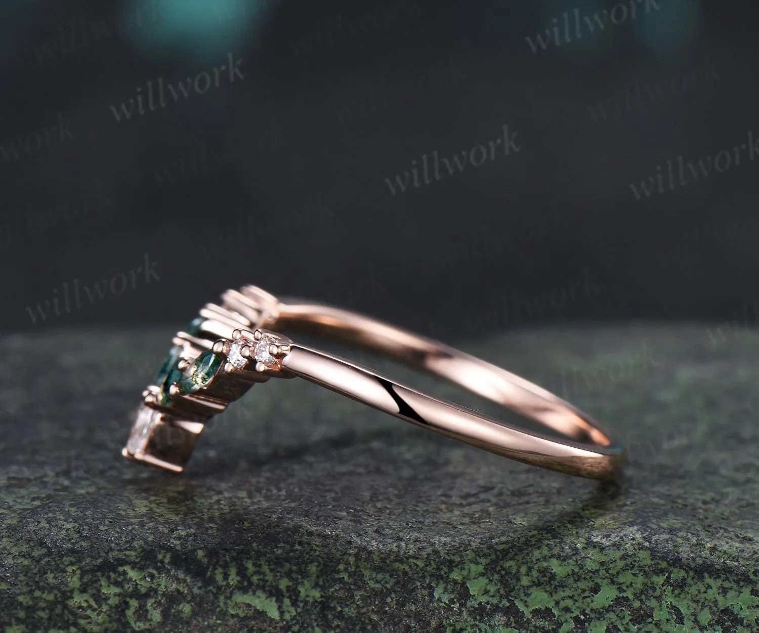 Marquise moss agate curved wedding band 14k rose gold pear moissanite matching stacking bridal wedding ring women gift sold by Willwork Jewelry product image thumbnail 5