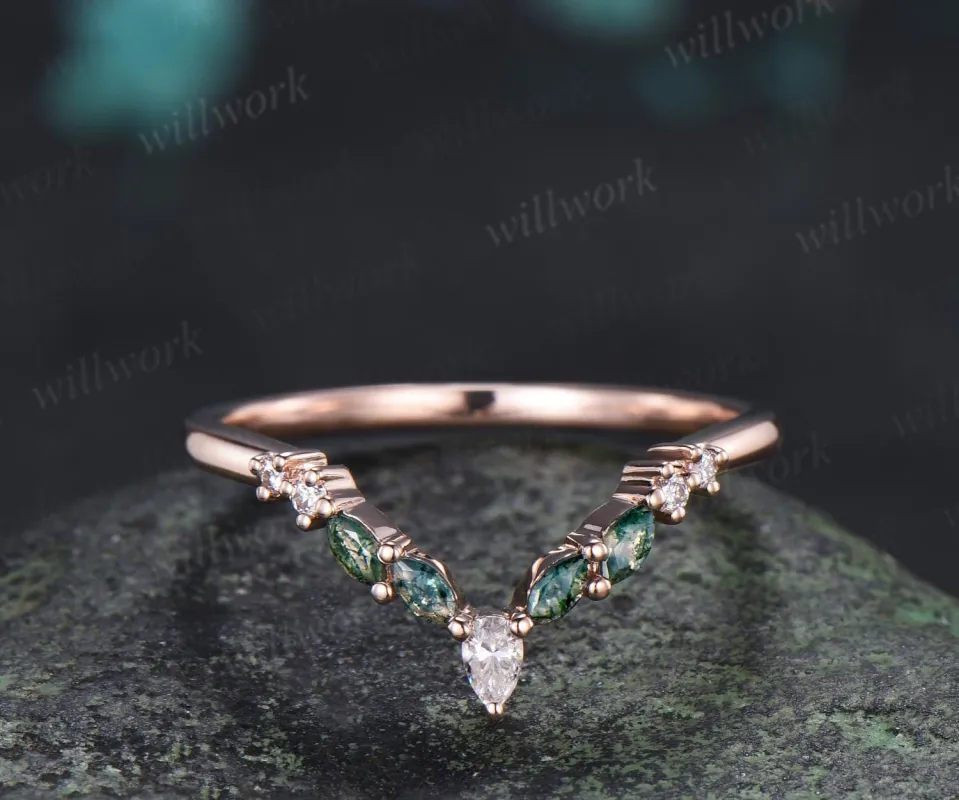 Marquise moss agate curved wedding band 14k rose gold pear moissanite matching stacking bridal wedding ring women gift made by Willwork Jewelry