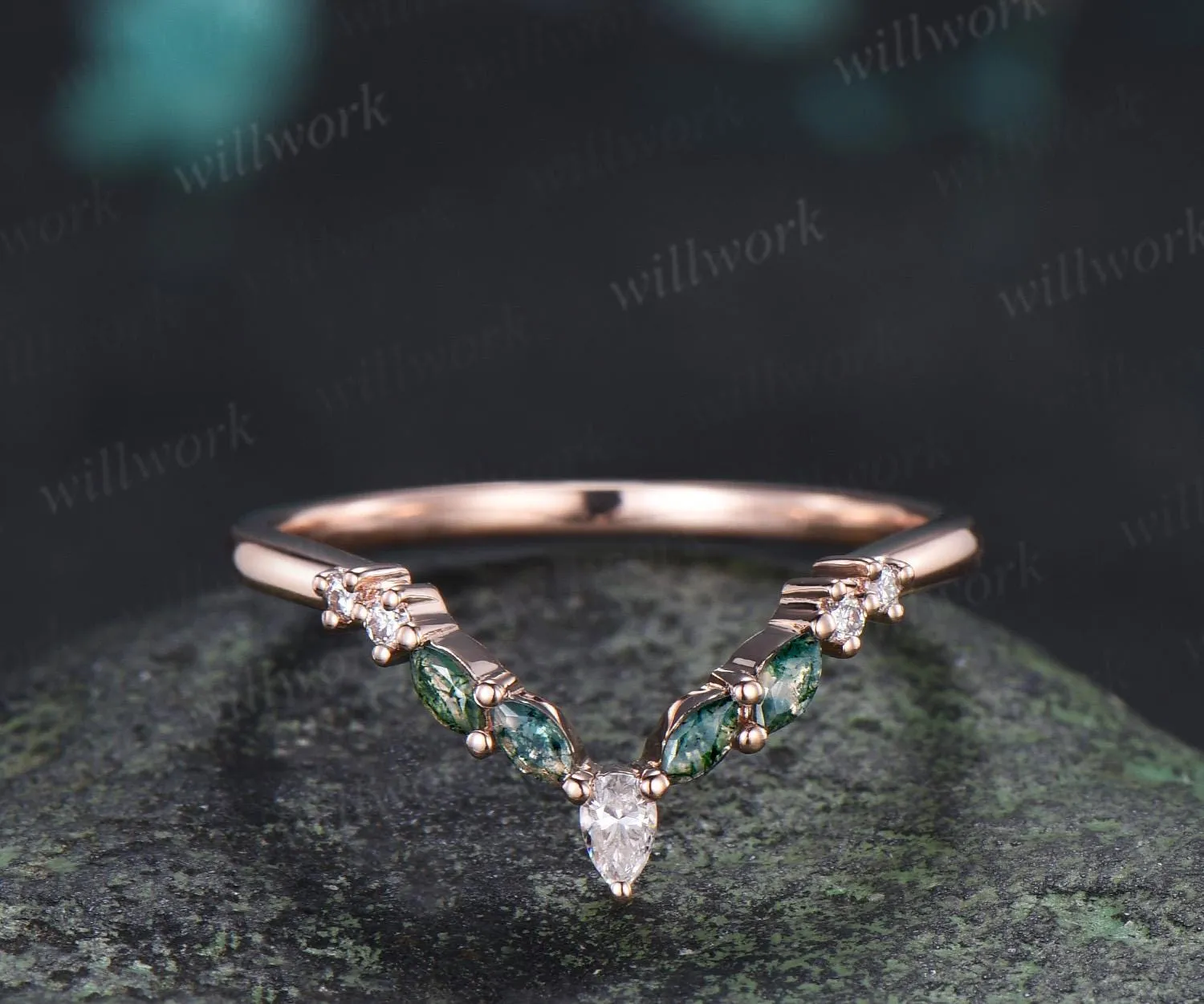 Marquise moss agate curved wedding band 14k rose gold pear moissanite matching stacking bridal wedding ring women gift sold by Willwork Jewelry