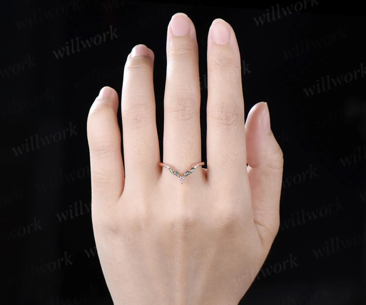 Marquise moss agate curved wedding band 14k rose gold pear moissanite matching stacking bridal wedding ring women gift sold by Willwork Jewelry product image thumbnail 2