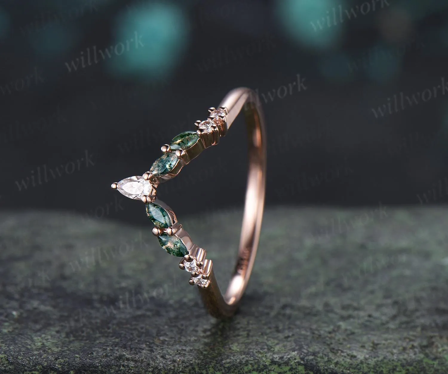 Marquise moss agate curved wedding band 14k rose gold pear moissanite matching stacking bridal wedding ring women gift sold by Willwork Jewelry product image thumbnail 3