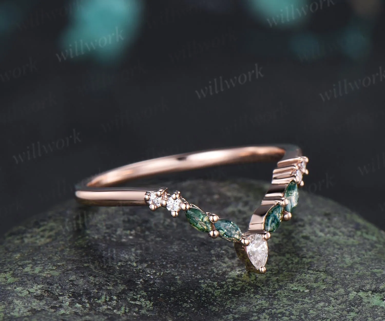 Marquise moss agate curved wedding band 14k rose gold pear moissanite matching stacking bridal wedding ring women gift sold by Willwork Jewelry product image thumbnail 4