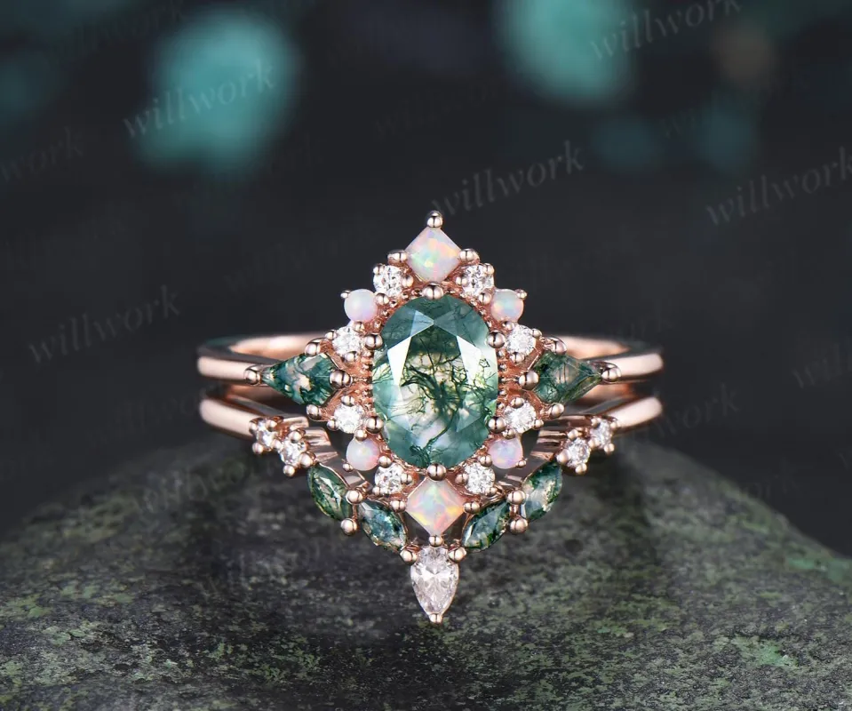 Oval kite moss agate engagement ring 14k rose gold princess opal halo unique promise wedding ring set retro green gemstone ring silver made by Willwork Jewelry