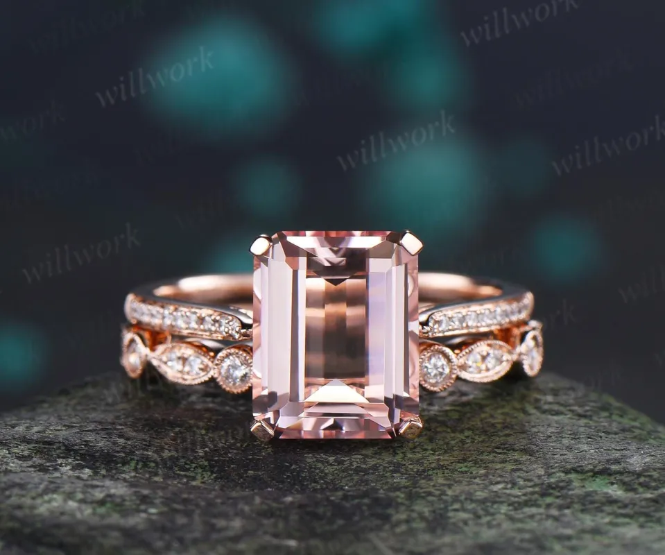 3ct emerald cut morganite engagement ring solid 14k rose gold art deco half eternity diamond promise bridal ring set women jewelry made by Willwork Jewelry