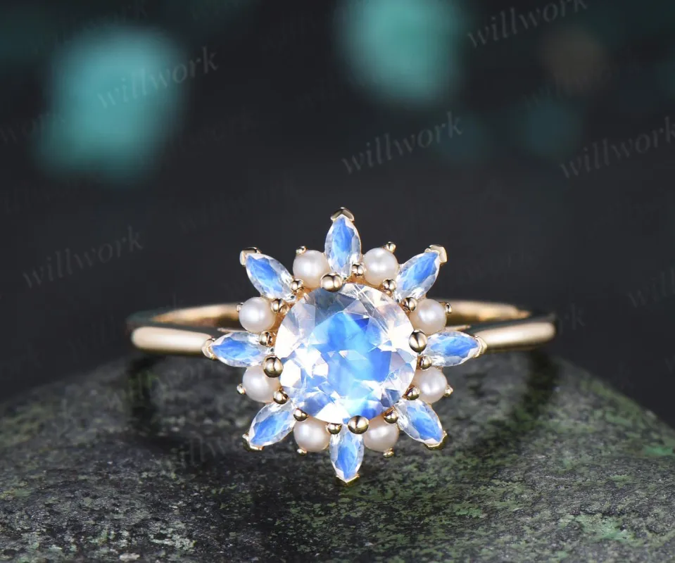 Round marquise cut moonstone engagement ring yellow gold vintage halo pearl promise wedding ring women silver made by Willwork Jewelry