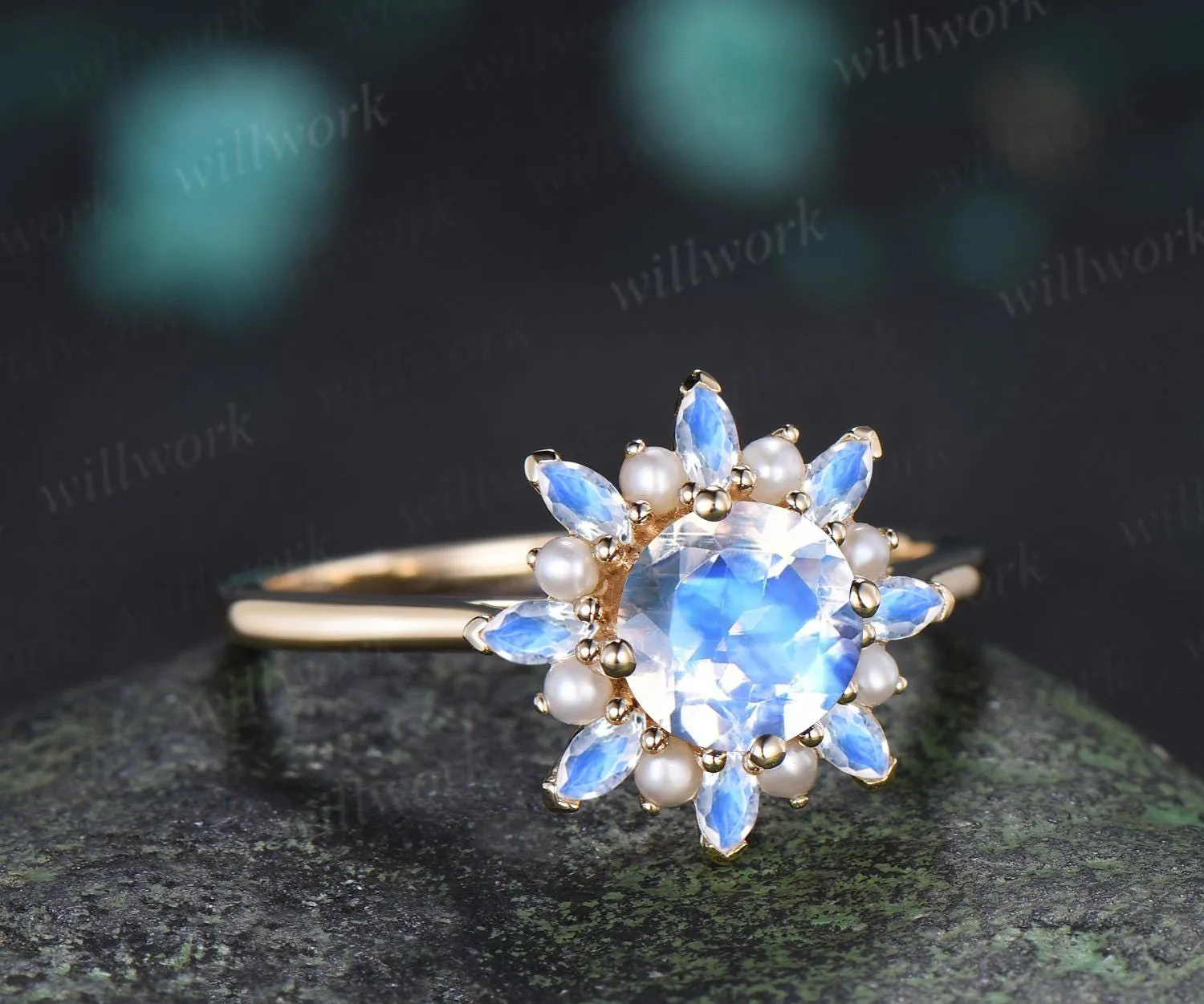 Round marquise cut moonstone engagement ring yellow gold vintage halo pearl promise wedding ring women silver sold by Willwork Jewelry product image thumbnail 3