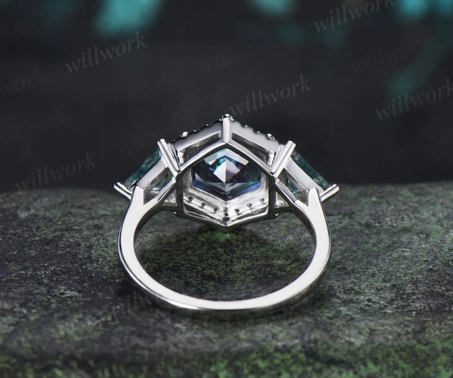 2ct hexagon cut alexandrite engagement ring 14k white gold halo emerald trillion moss agate promise wedding ring women silver sold by Willwork Jewelry product image thumbnail 5