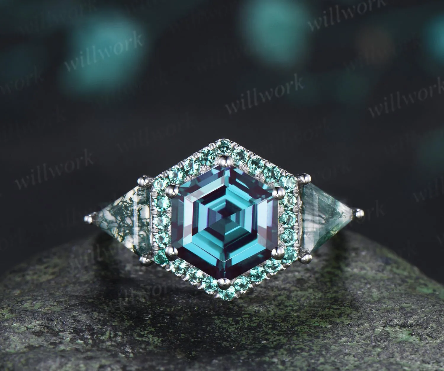 2ct hexagon cut alexandrite engagement ring 14k white gold halo emerald trillion moss agate promise wedding ring women silver sold by Willwork Jewelry product image thumbnail 3