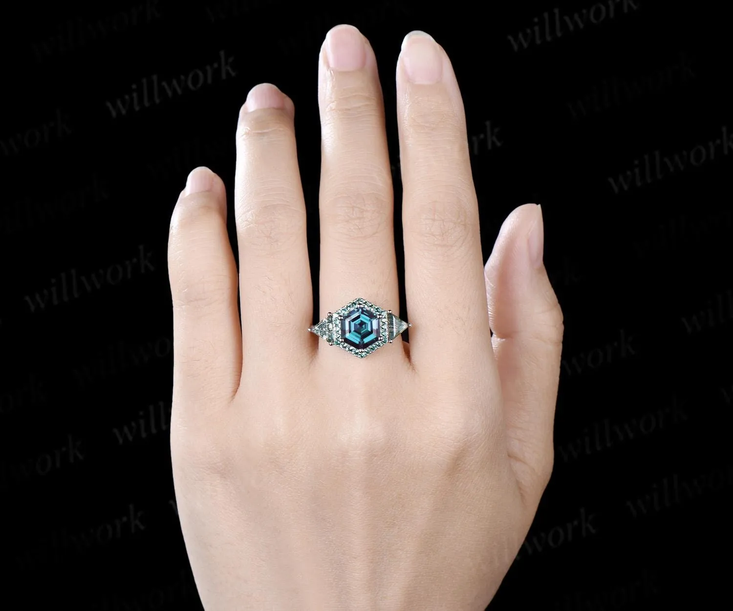 2ct hexagon cut alexandrite engagement ring 14k white gold halo emerald trillion moss agate promise wedding ring women silver sold by Willwork Jewelry product image thumbnail 2