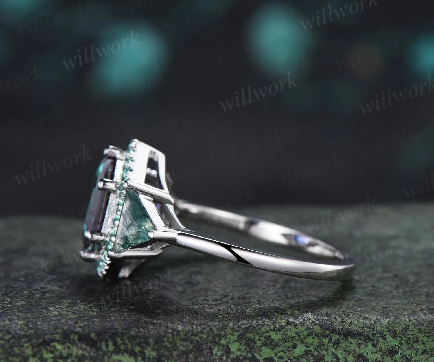 2ct hexagon cut alexandrite engagement ring 14k white gold halo emerald trillion moss agate promise wedding ring women silver sold by Willwork Jewelry product image thumbnail 4