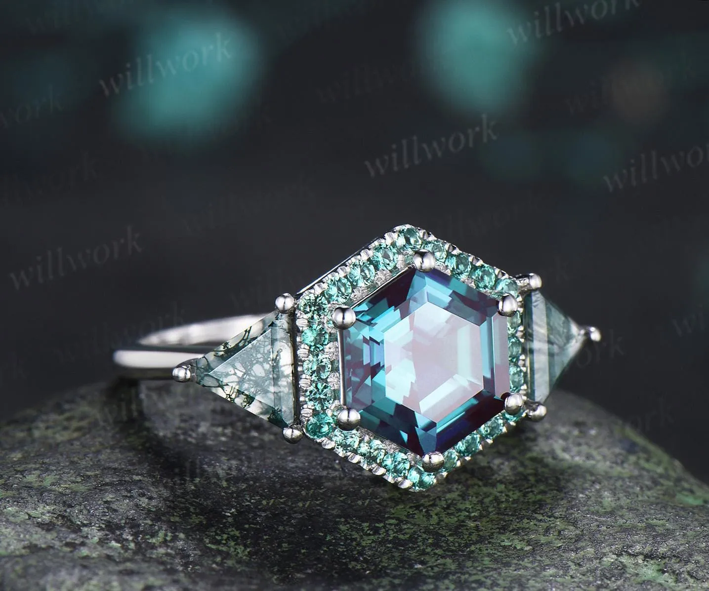 2ct hexagon cut alexandrite engagement ring 14k white gold halo emerald trillion moss agate promise wedding ring women silver sold by Willwork Jewelry