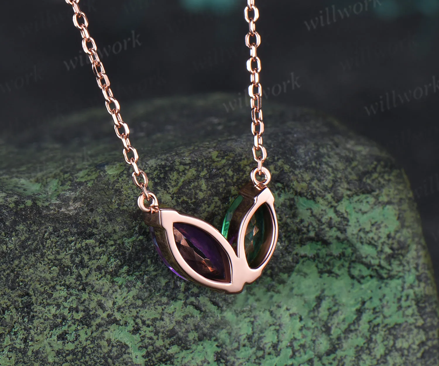Marquise Cut Emerald Amethyst Necklace Dainty Two Birthstones Pendant with V Prong Minimalist Toi Et Moi Necklace Gifts for Her sold by Willwork Jewelry product image thumbnail 4