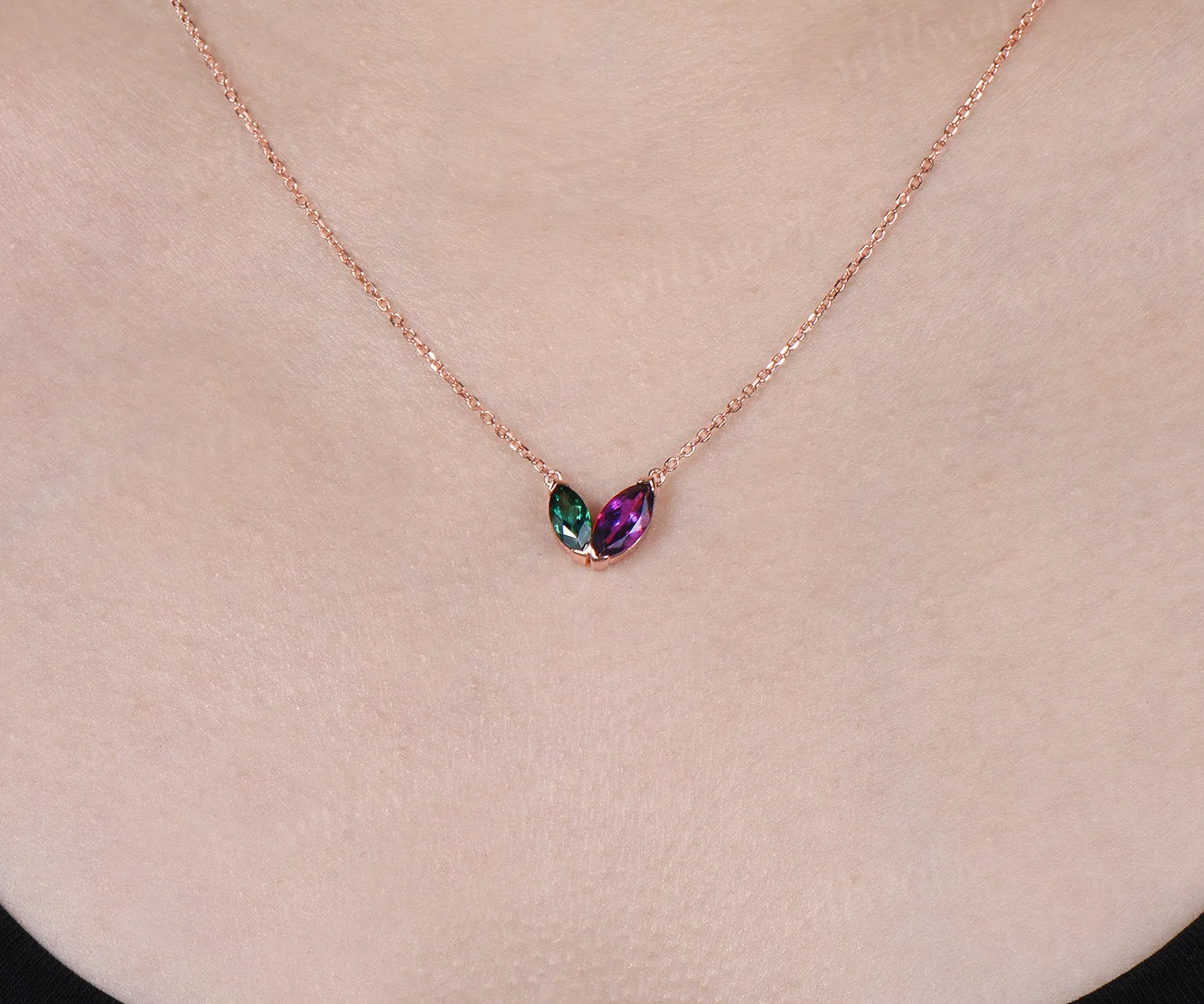 Marquise Cut Emerald Amethyst Necklace Dainty Two Birthstones Pendant with V Prong Minimalist Toi Et Moi Necklace Gifts for Her sold by Willwork Jewelry product image thumbnail 2
