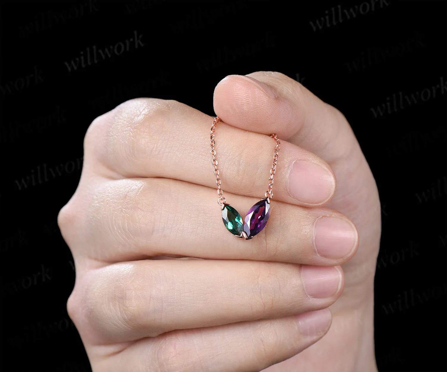 Marquise Cut Emerald Amethyst Necklace Dainty Two Birthstones Pendant with V Prong Minimalist Toi Et Moi Necklace Gifts for Her sold by Willwork Jewelry product image thumbnail 5