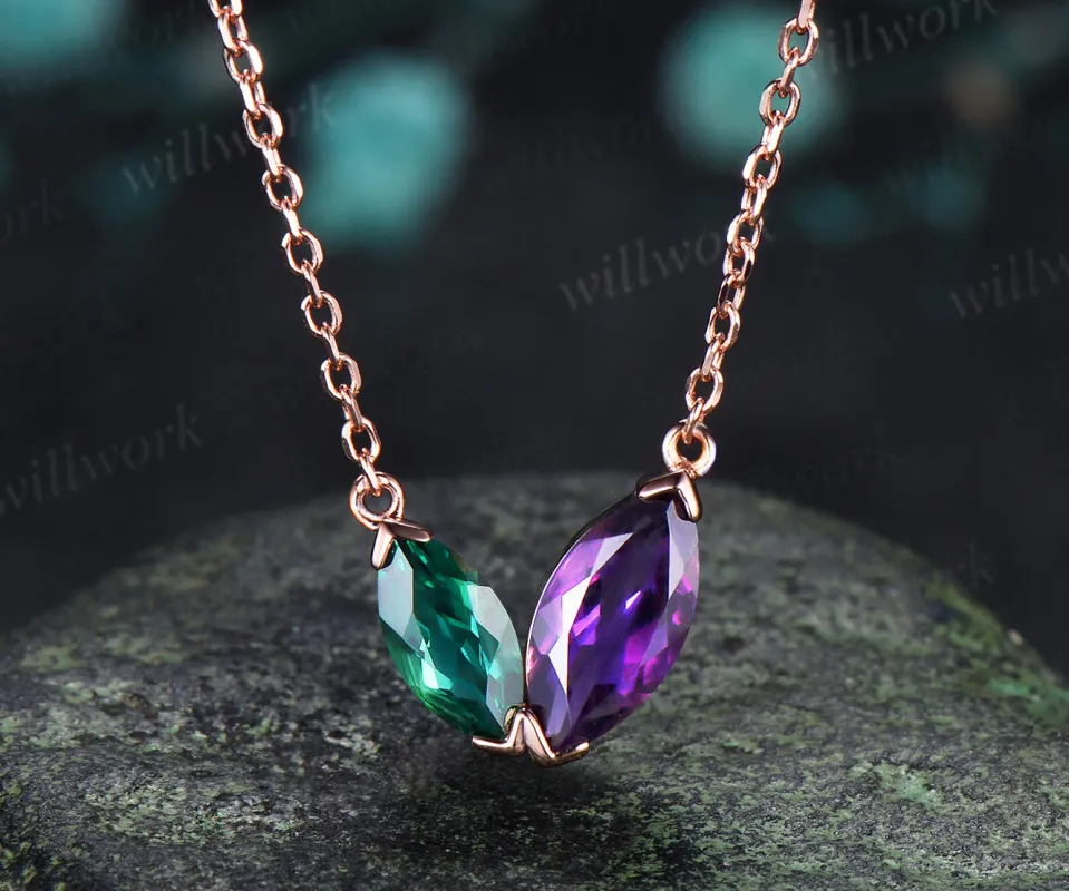 Marquise Cut Emerald Amethyst Necklace Dainty Two Birthstones Pendant with V Prong Minimalist Toi Et Moi Necklace Gifts for Her made by Willwork Jewelry