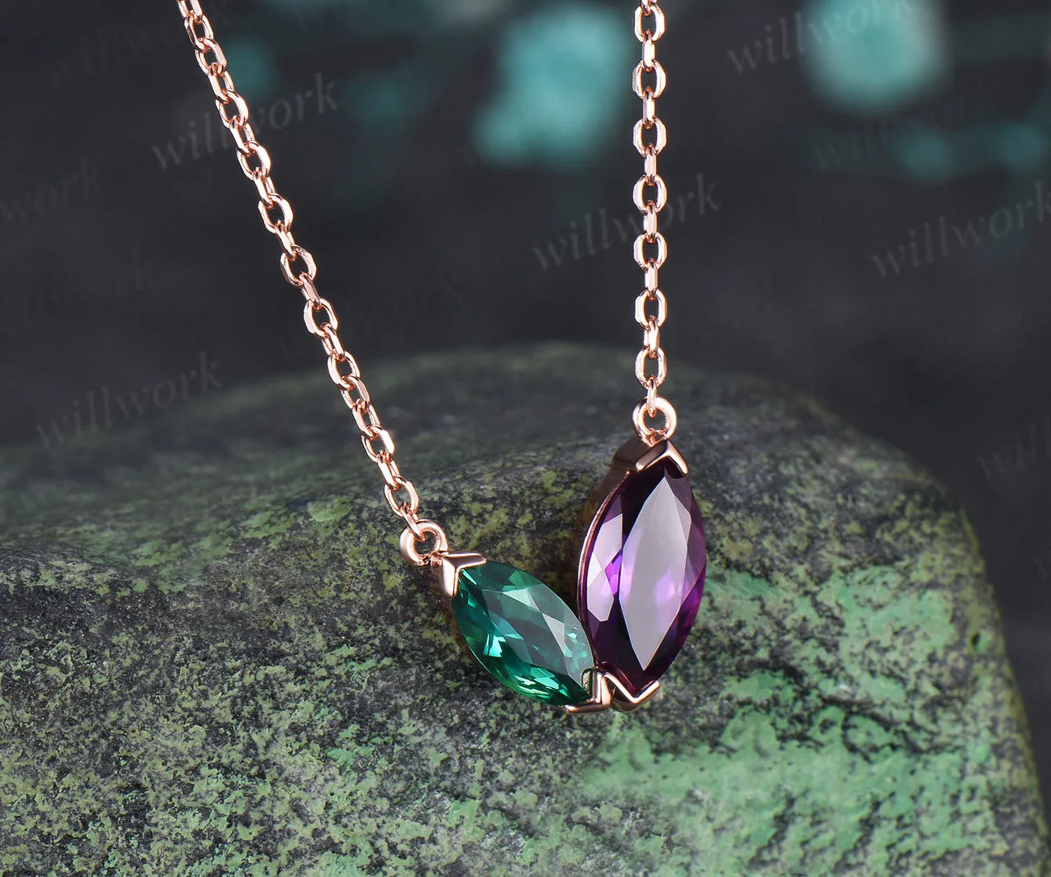 Marquise Cut Emerald Amethyst Necklace Dainty Two Birthstones Pendant with V Prong Minimalist Toi Et Moi Necklace Gifts for Her sold by Willwork Jewelry product image thumbnail 3