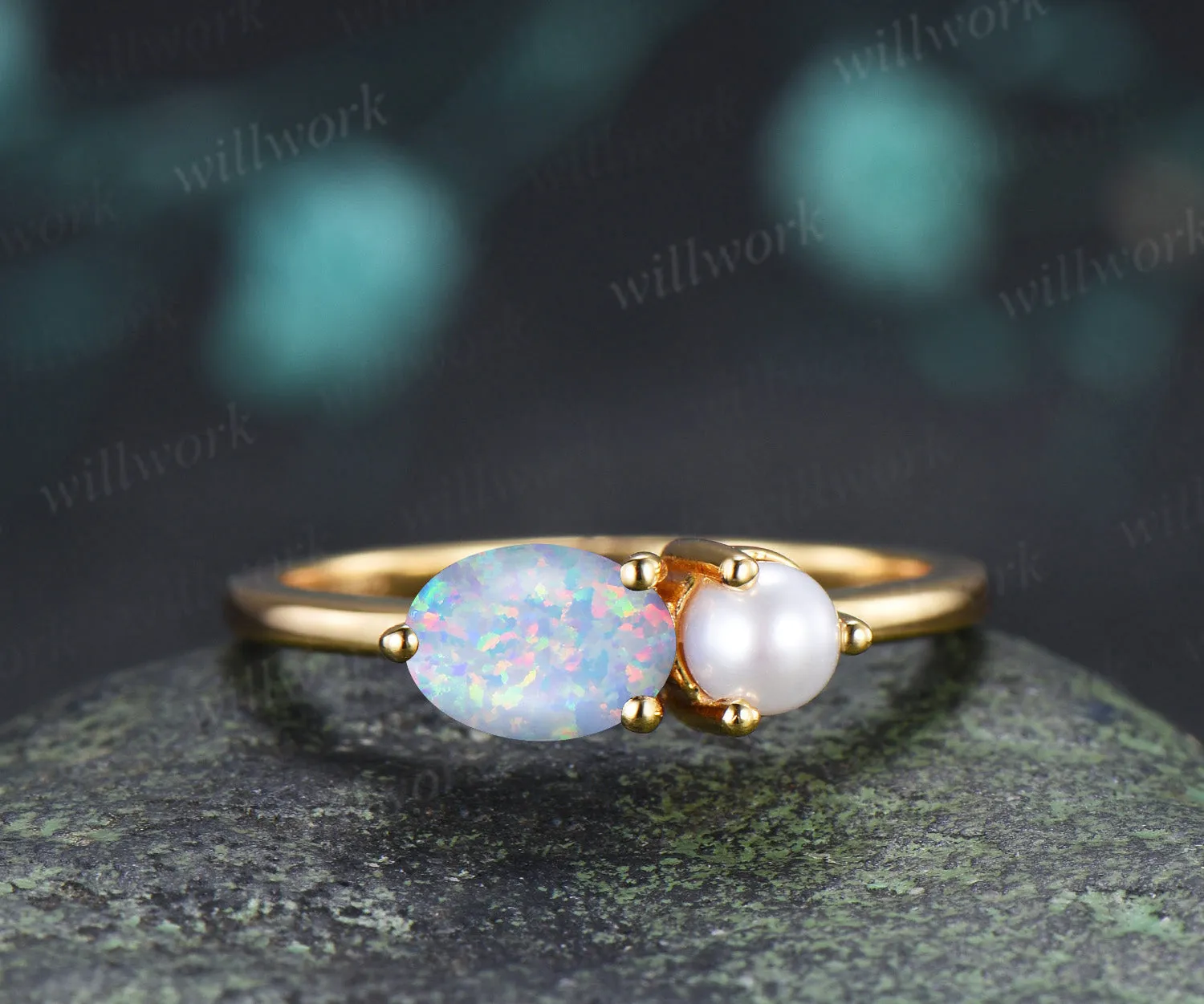 Toi et Moi Oval Opal & Pearl Ring Two Stone Couple Ring Unique Anniversary & Birthstone Jewelry sold by Willwork Jewelry product image thumbnail 4