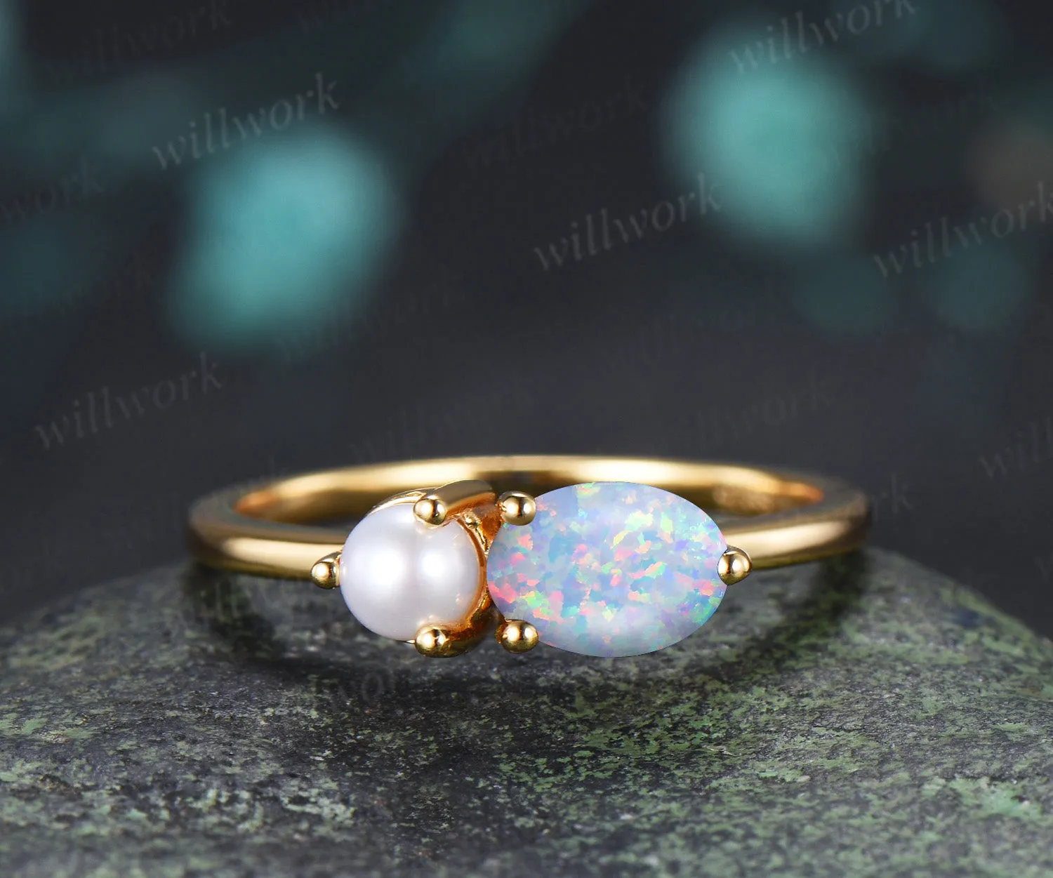Toi et Moi Oval Opal & Pearl Ring Two Stone Couple Ring Unique Anniversary & Birthstone Jewelry sold by Willwork Jewelry