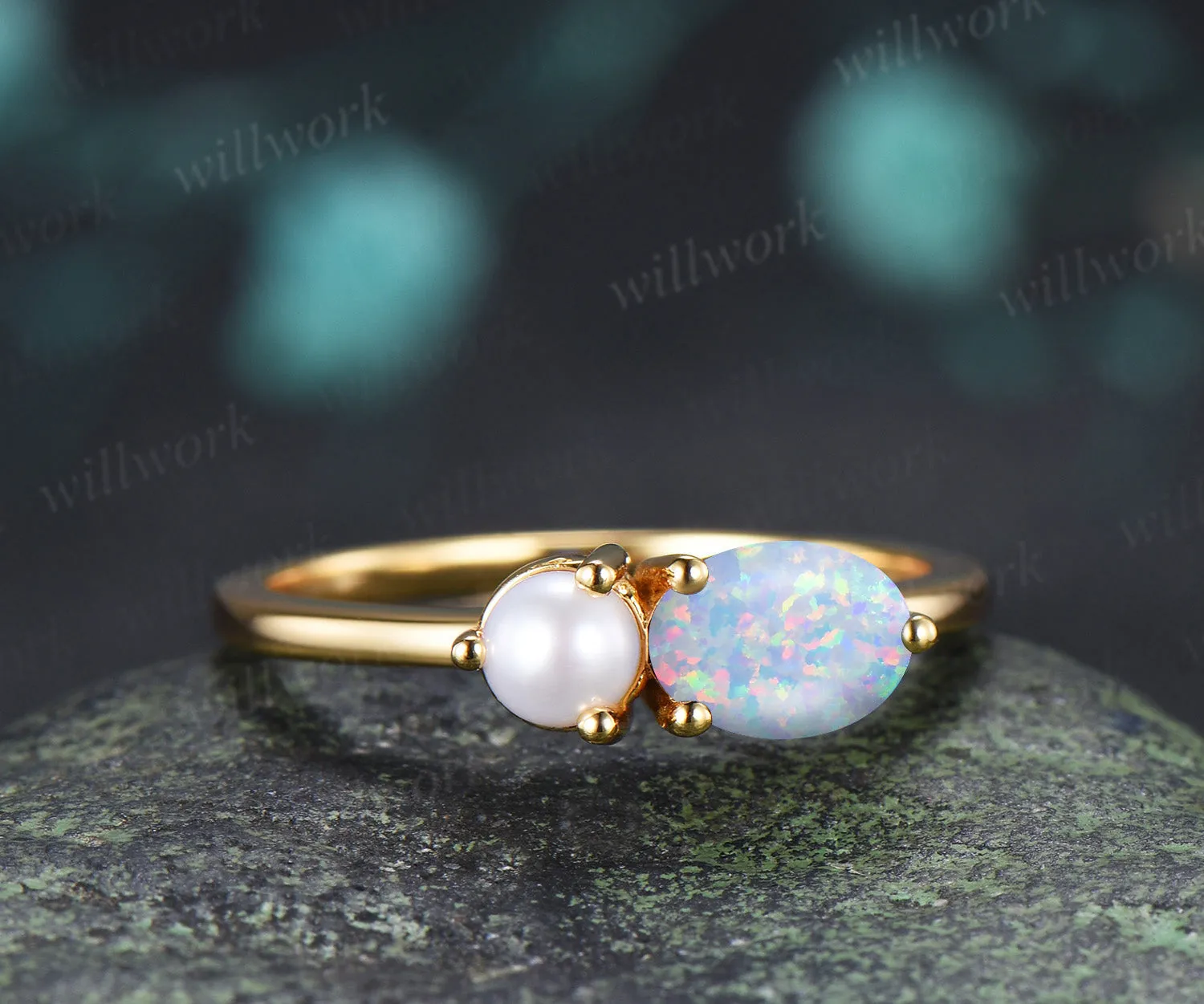 Toi et Moi Oval Opal & Pearl Ring Two Stone Couple Ring Unique Anniversary & Birthstone Jewelry sold by Willwork Jewelry product image thumbnail 3