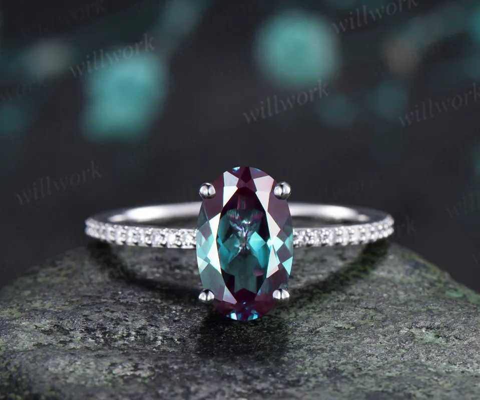 7x11mm Oval Cut Alexandrite Engagement Ring Diamond Half Eternity Promise Ring Color Change Gemstone Ring made by Willwork Jewelry
