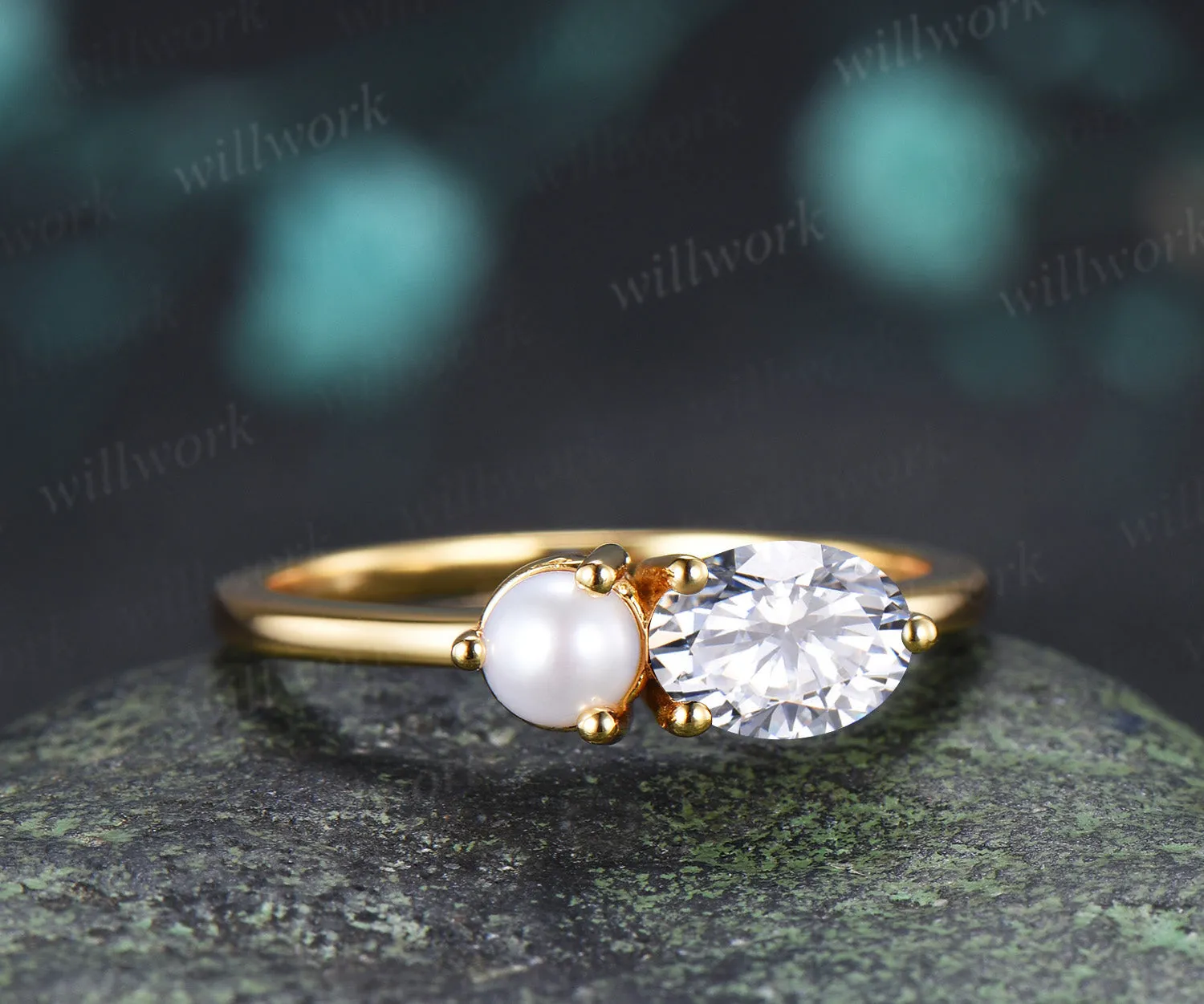 Oval Moissanite and Pearl Toi et Moi Ring Two Stone Engagement Ring Minimalist Couple Besties Jewelry sold by Willwork Jewelry product image thumbnail 3