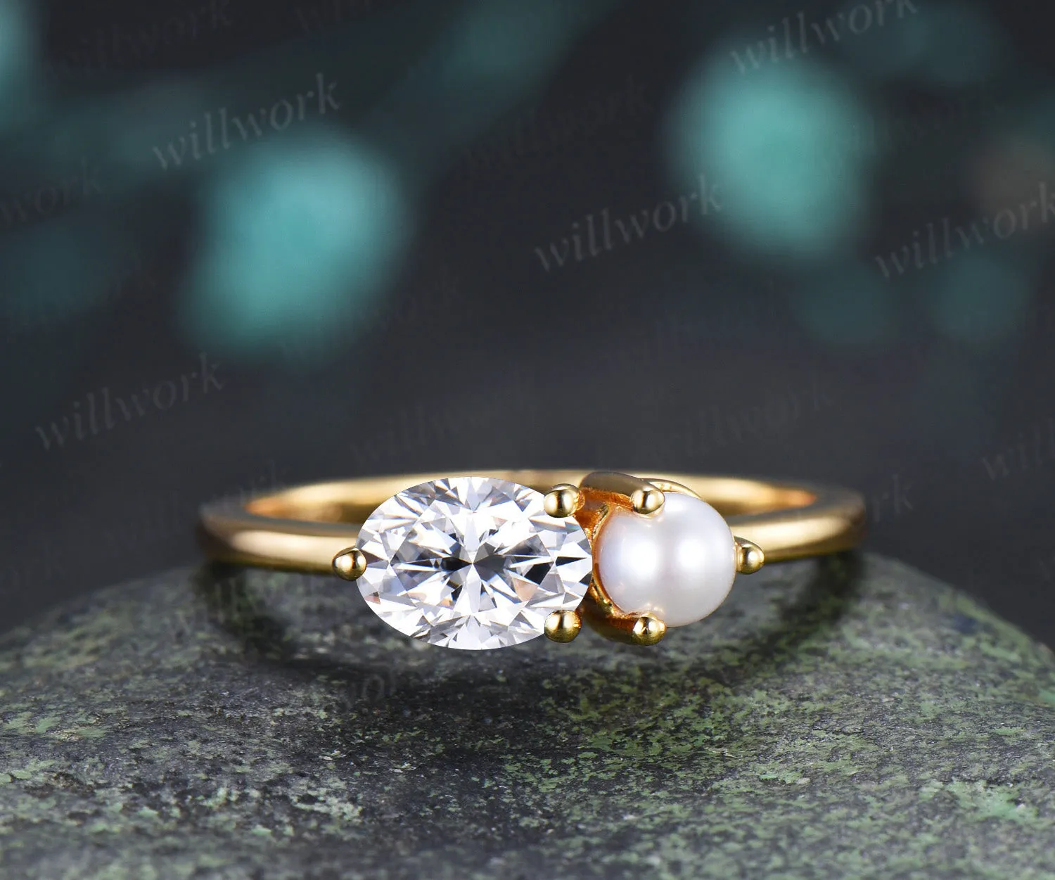 Oval Moissanite and Pearl Toi et Moi Ring Two Stone Engagement Ring Minimalist Couple Besties Jewelry sold by Willwork Jewelry product image thumbnail 4