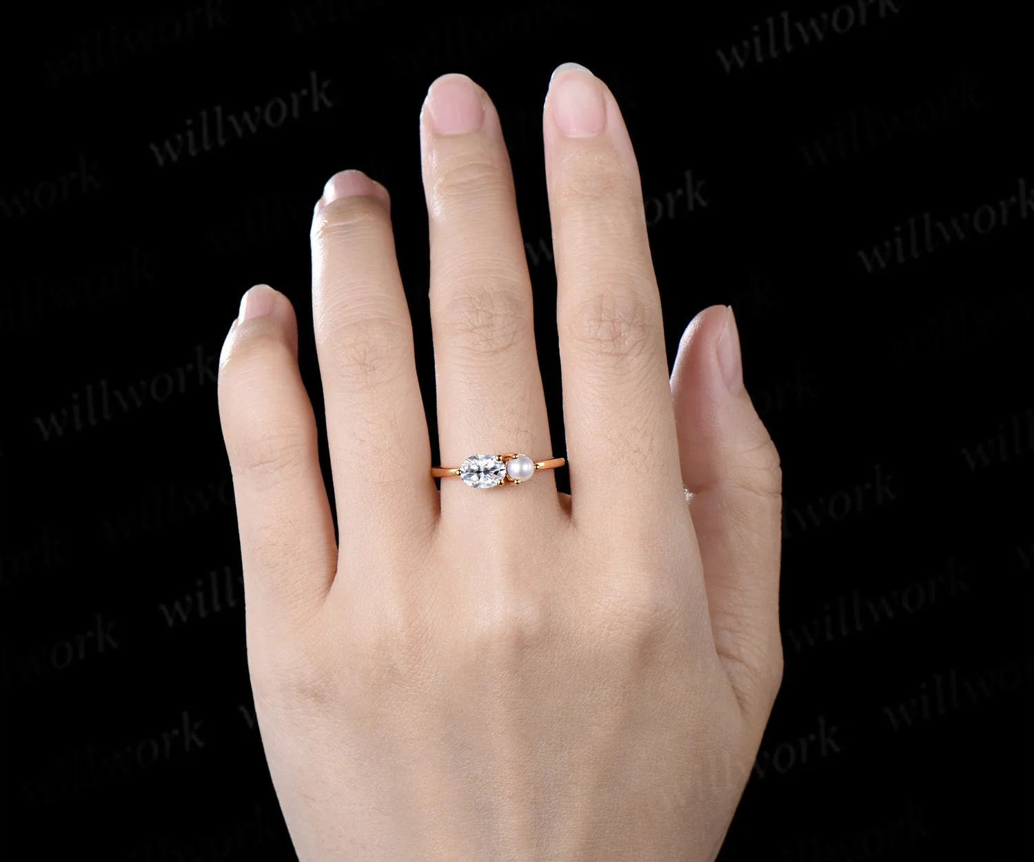 Oval Moissanite and Pearl Toi et Moi Ring Two Stone Engagement Ring Minimalist Couple Besties Jewelry sold by Willwork Jewelry product image thumbnail 2