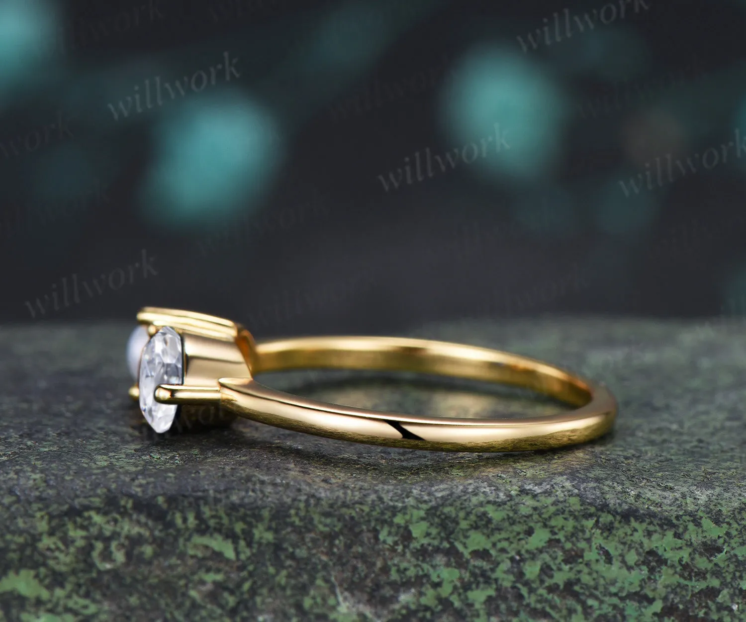 Oval Moissanite and Pearl Toi et Moi Ring Two Stone Engagement Ring Minimalist Couple Besties Jewelry sold by Willwork Jewelry product image thumbnail 5