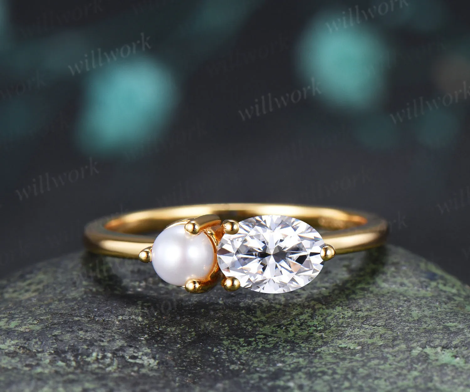 Oval Moissanite and Pearl Toi et Moi Ring Two Stone Engagement Ring Minimalist Couple Besties Jewelry sold by Willwork Jewelry