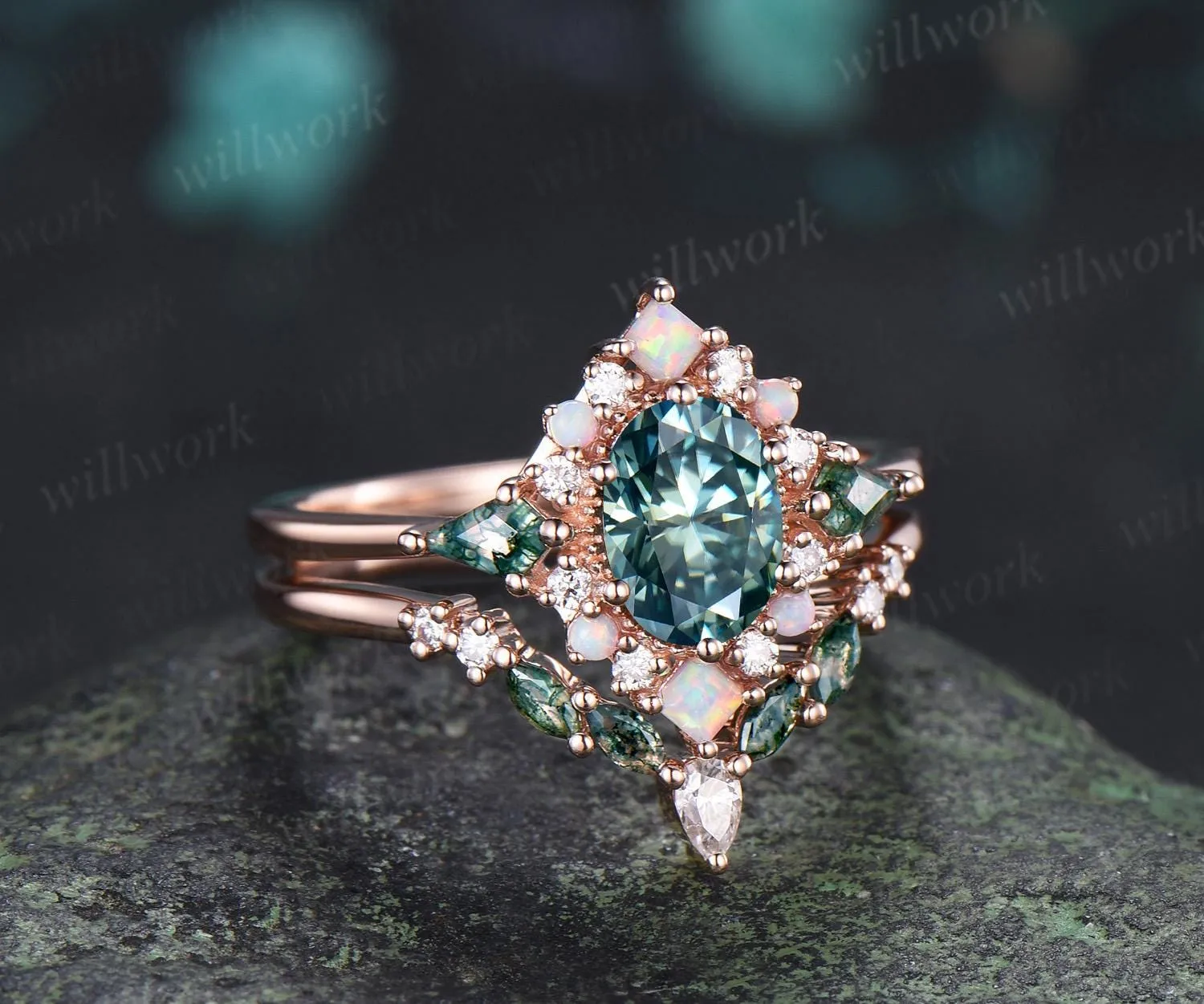 Oval green moissanite engagement ring 14k rose gold kite moss agate square opal halo unique bridal wedding ring set women silver sold by Willwork Jewelry product image thumbnail 4