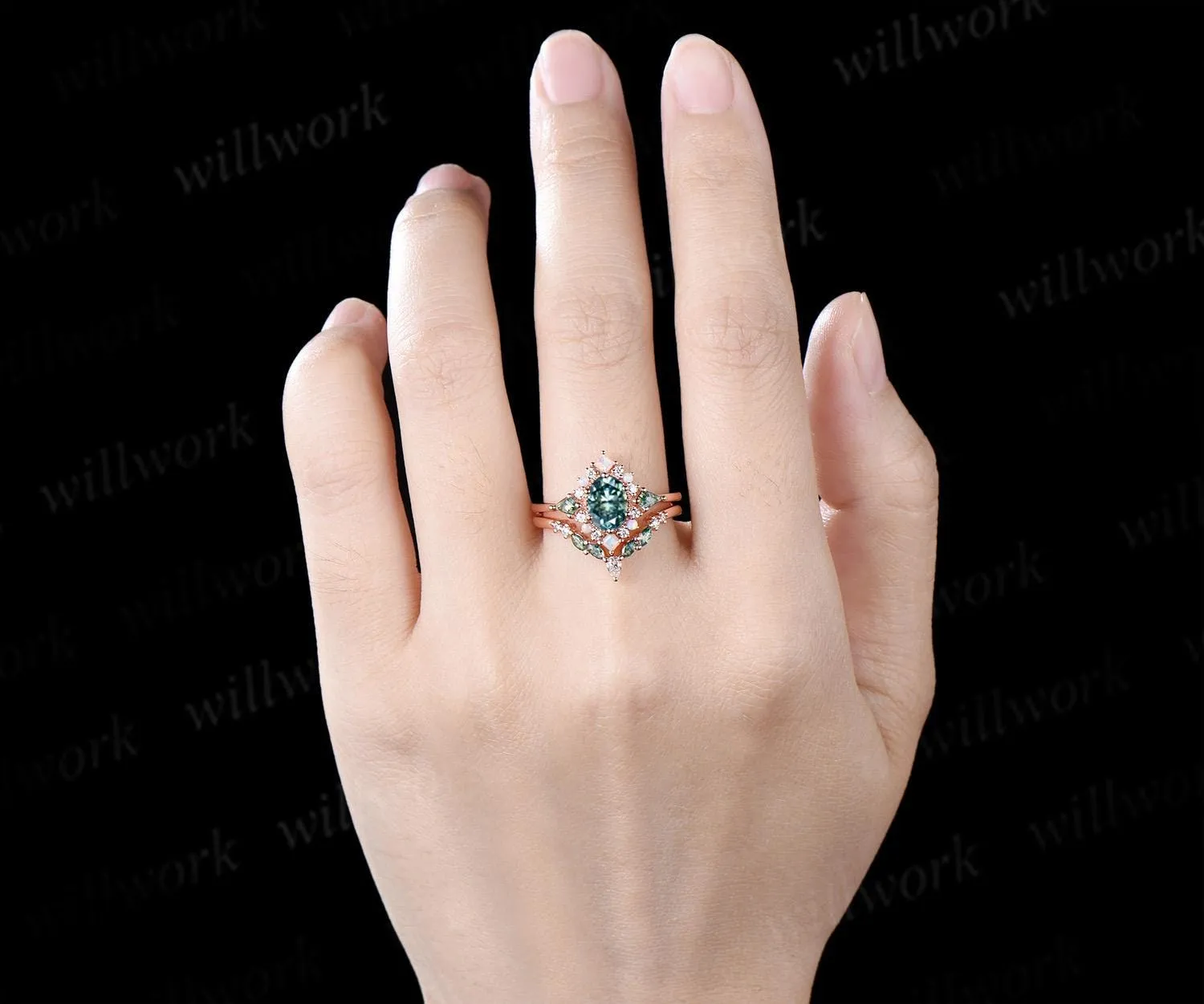 Oval green moissanite engagement ring 14k rose gold kite moss agate square opal halo unique bridal wedding ring set women silver sold by Willwork Jewelry product image thumbnail 2