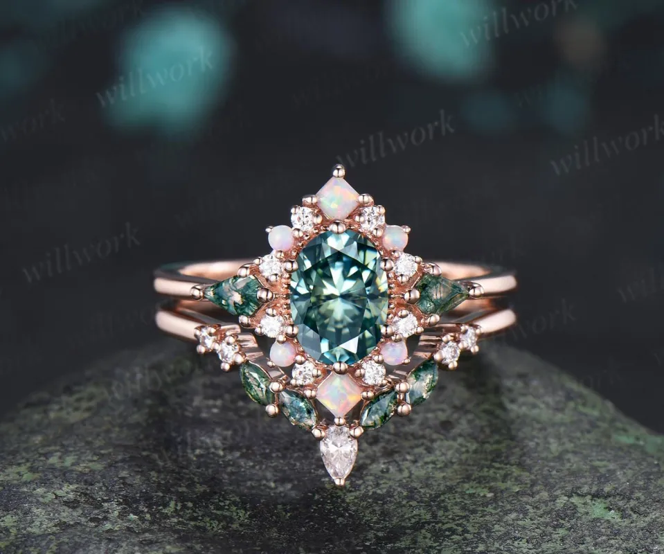 Oval green moissanite engagement ring 14k rose gold kite moss agate square opal halo unique bridal wedding ring set women silver made by Willwork Jewelry