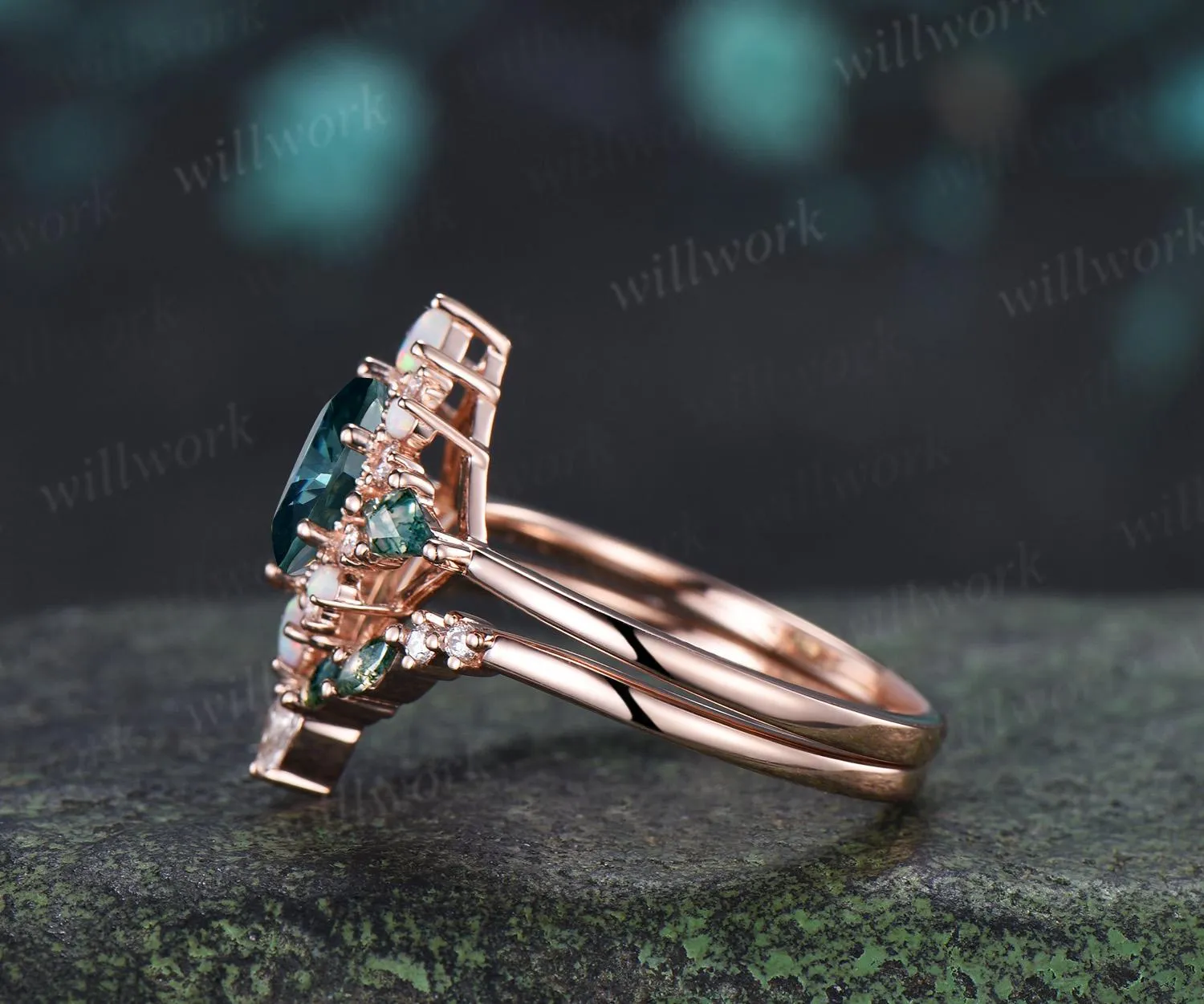 Oval green moissanite engagement ring 14k rose gold kite moss agate square opal halo unique bridal wedding ring set women silver sold by Willwork Jewelry product image thumbnail 5