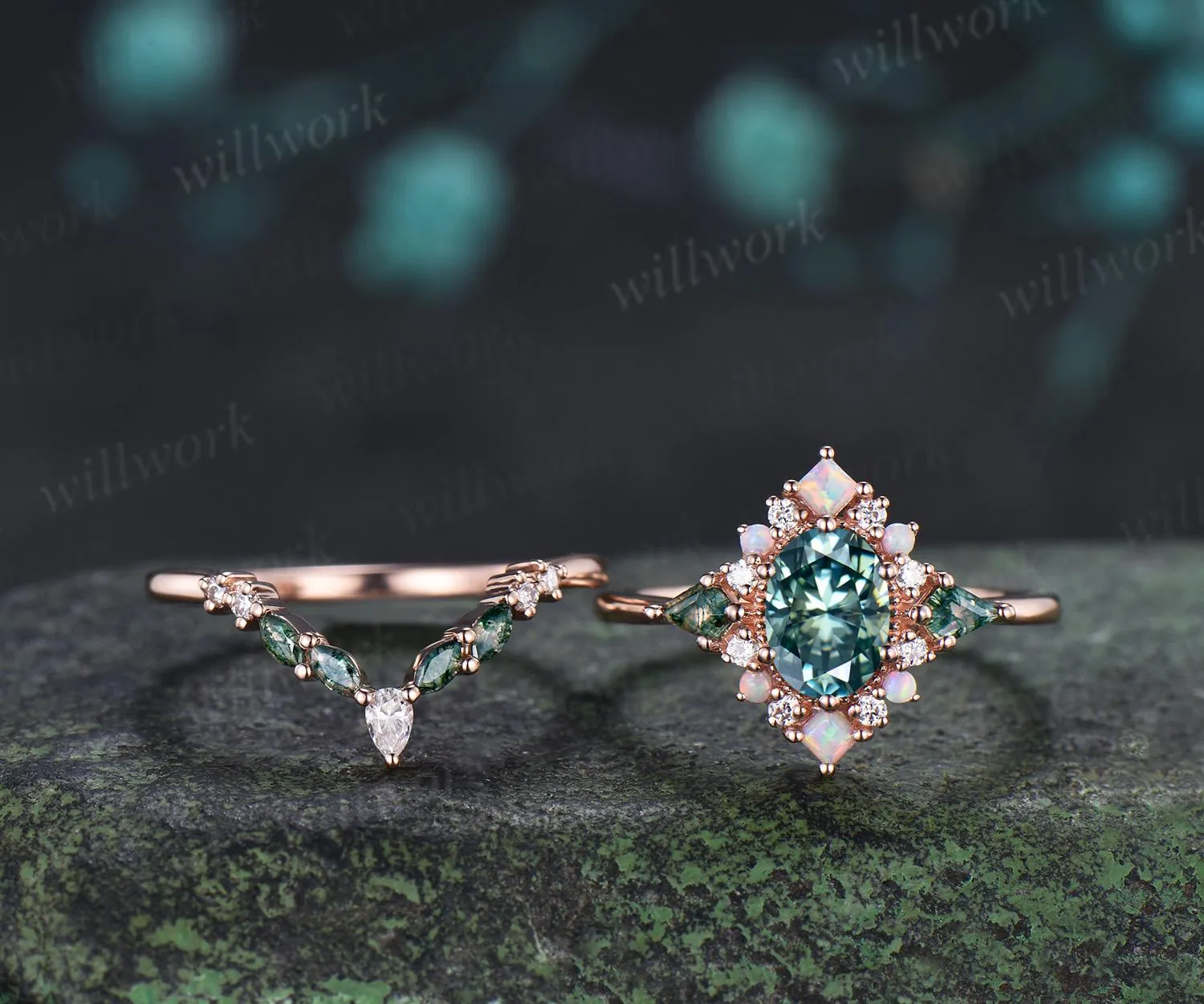 Oval green moissanite engagement ring 14k rose gold kite moss agate square opal halo unique bridal wedding ring set women silver sold by Willwork Jewelry product image thumbnail 3