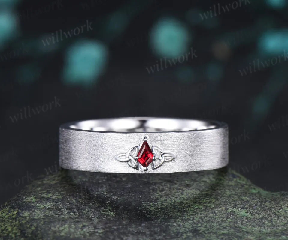 Kite cut red ruby celtic knot wedding band mens brushed bridal ring 14k white gold retro anniversary gift silver made by Willwork Jewelry