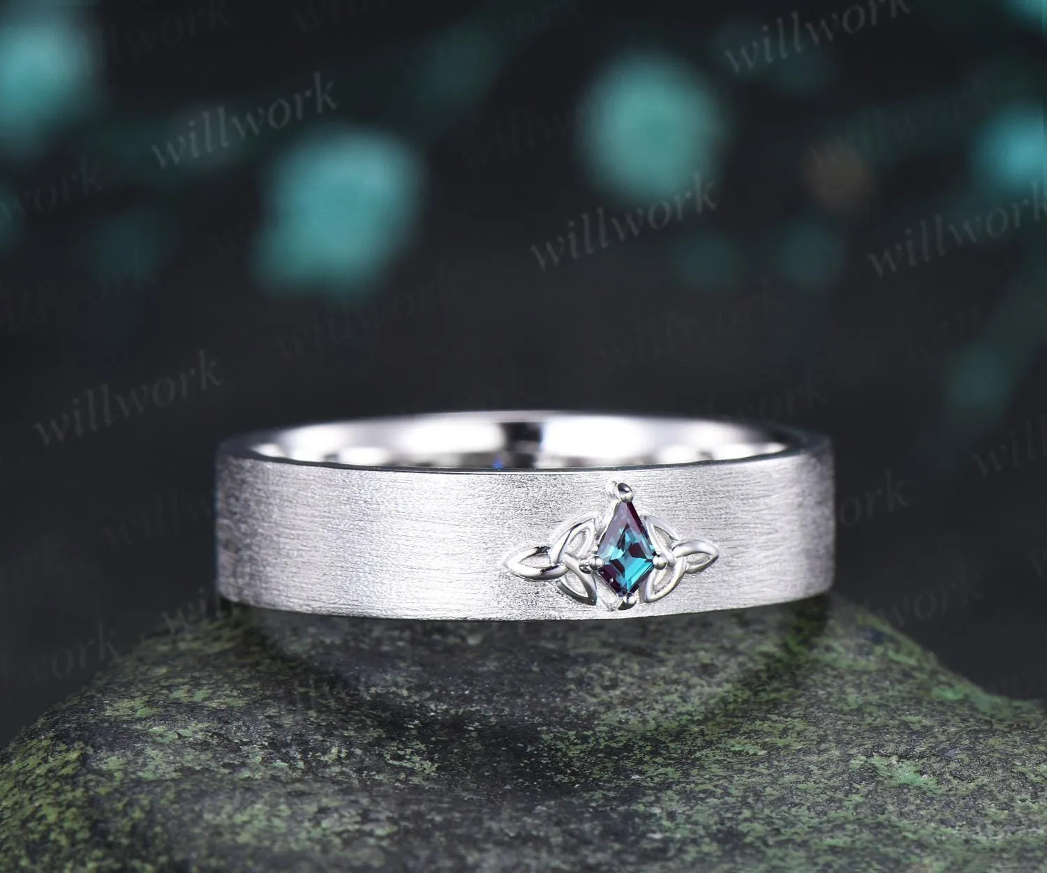 Kite cut alexandrite celtic knot wedding band mens brushed bridal ring 14k white gold retro anniversary gift silver sold by Willwork Jewelry product image thumbnail 4