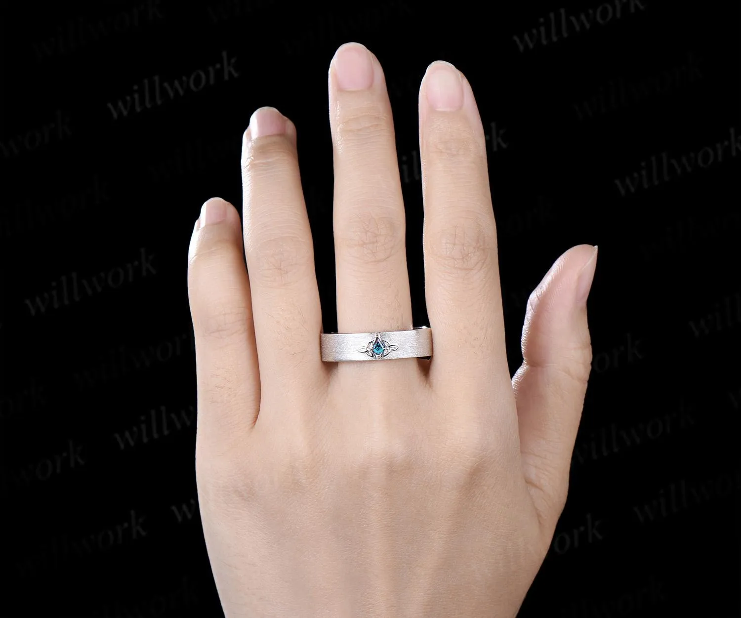 Kite cut alexandrite celtic knot wedding band mens brushed bridal ring 14k white gold retro anniversary gift silver sold by Willwork Jewelry product image thumbnail 2