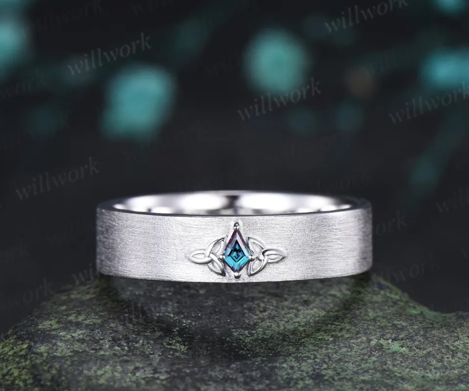Kite cut alexandrite celtic knot wedding band mens brushed bridal ring 14k white gold retro anniversary gift silver made by Willwork Jewelry