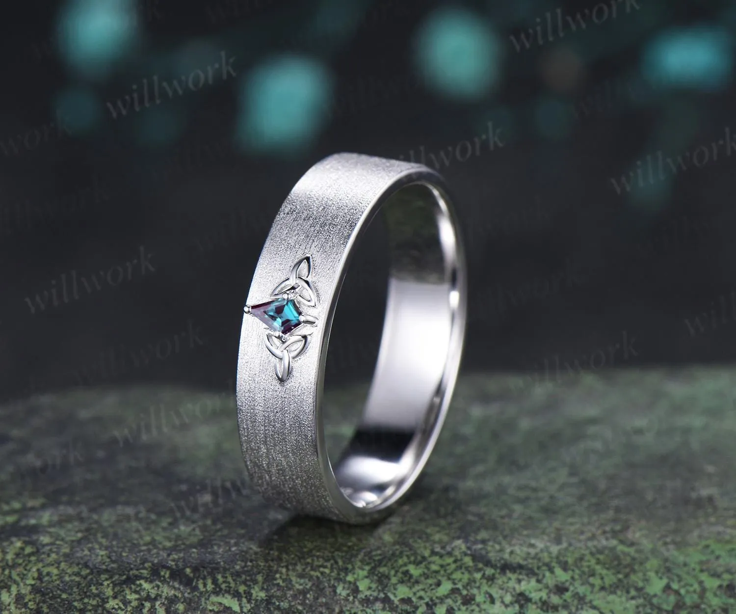 Kite cut alexandrite celtic knot wedding band mens brushed bridal ring 14k white gold retro anniversary gift silver sold by Willwork Jewelry product image thumbnail 3