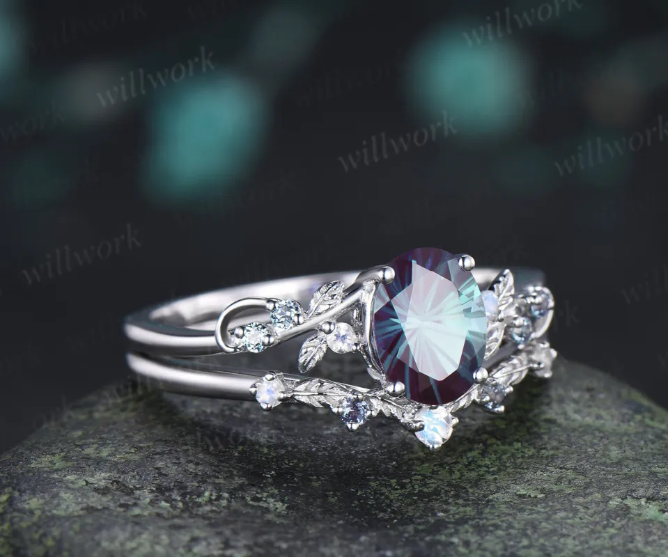 Oval Fireworks Cut Alexandrite Engagement Ring Set Leaf Twig Moonstone Promise Ring Matching Wedding Band Unique Bridal Set made by Willwork Jewelry